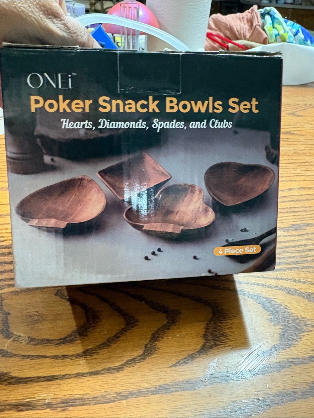 ONEi Poker Snack Bowls Set - Wooden Heart Diamond Spade Club Shapes NIB
